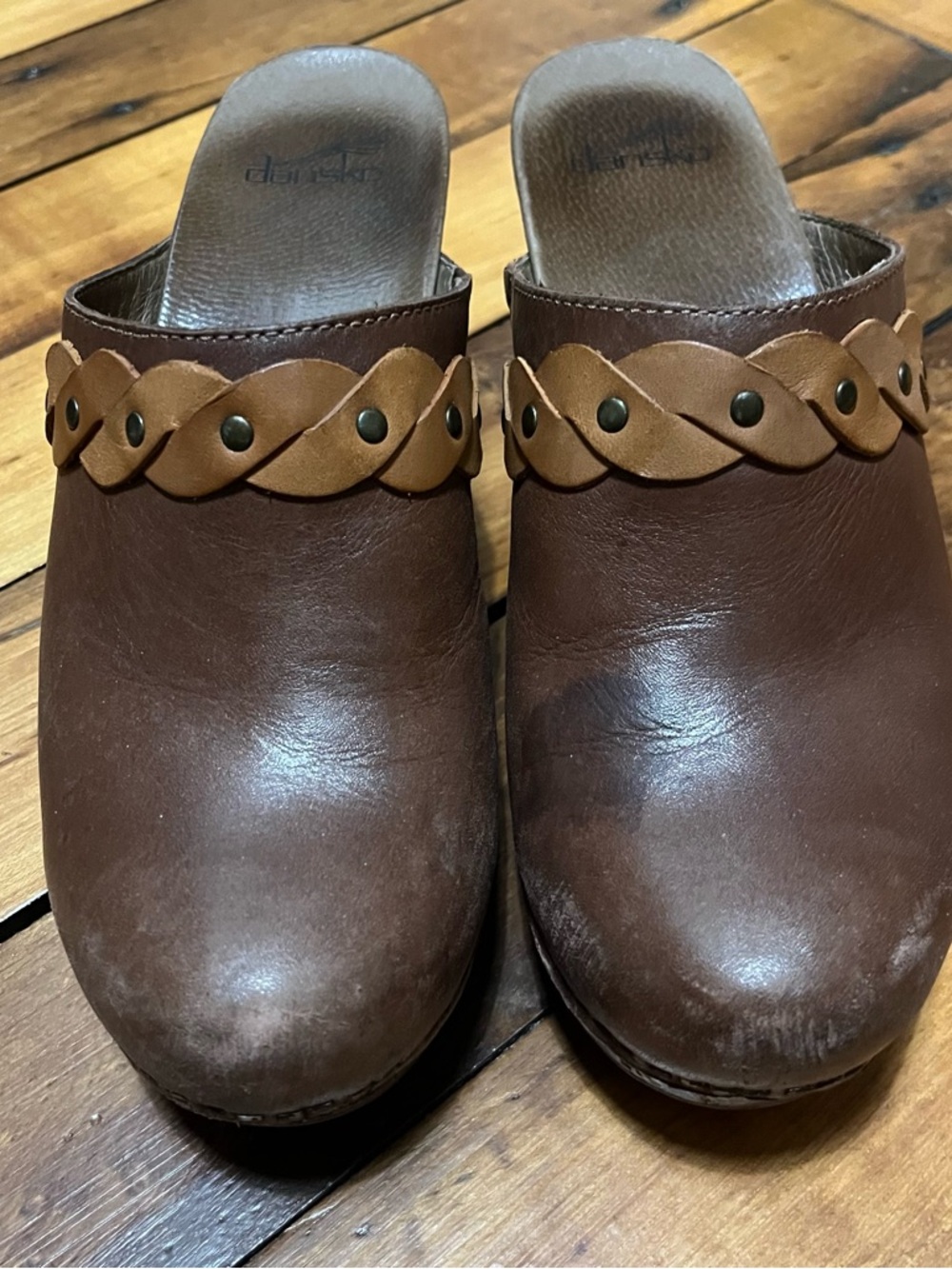 Dansko Brown Leather Clog Mules with Tan Braided Strap